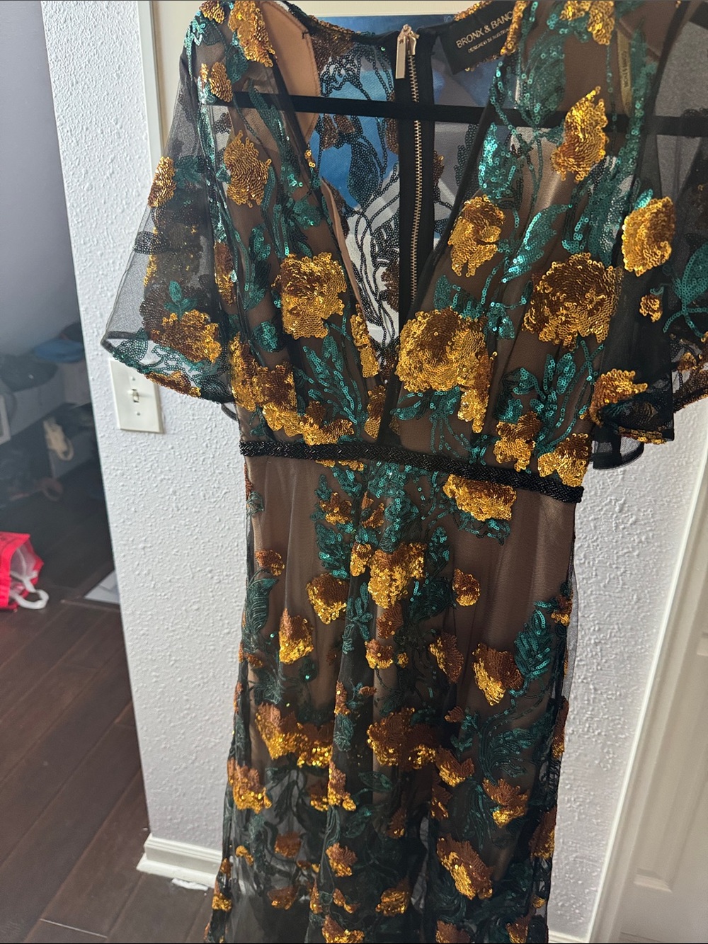 Gold Floral Embroidered Black Mesh Dress